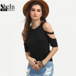 SheIn Ladder-Cutout Shoulder Tee Shirt Fashion Women Tops Summer Woman T shirts 2016 Round Neck Casual Black Crop T-Shirt