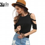 SheIn Ladder-Cutout Shoulder Tee Shirt Fashion Women Tops Summer Woman T shirts 2016 Round Neck Casual Black Crop T-Shirt