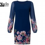 SheIn Ladies Autumn Fashion 2017 Long Sleeve Dress Casual Women Clothing Dark Blue Lantern Sleeve Floral Shift Dress