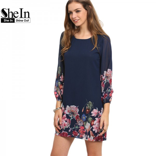 SheIn Ladies Autumn Fashion 2017 Long Sleeve Dress Casual Women Clothing Dark Blue Lantern Sleeve Floral Shift Dress