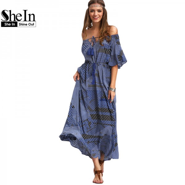 SheIn Ladies Dresses 2016 Summer New Arrival Vintage Womens Half Sleeve Off The Shoulder Tie-waist Ruffle Hem Maxi Dress