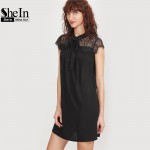 SheIn Ladies Dresses Black Tie Neck Floral Lace Shoulder Dress New Arrival 2017 Summer Womens Cap Sleeve Elegant Dress