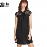 SheIn Ladies Dresses Black Tie Neck Floral Lace Shoulder Dress New Arrival 2017 Summer Womens Cap Sleeve Elegant Dress