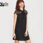 SheIn Ladies Dresses Black Tie Neck Floral Lace Shoulder Dress New Arrival 2017 Summer Womens Cap Sleeve Elegant Dress