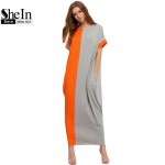 SheIn Ladies Short Sleeve Crew Neck Dresses Woman 2016 Summer New Arrival Casual Grey Orange Contrast Pockets Maxi Dress