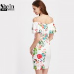 SheIn Ladies Summer Sexy Sheath Dresses Womens Multicolor Floral Ruffle Off The Shoulder Half Sleeve Pencil Dress