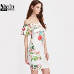 SheIn Ladies Summer Sexy Sheath Dresses Womens Multicolor Floral Ruffle Off The Shoulder Half Sleeve Pencil Dress