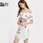 SheIn Ladies Summer Sexy Sheath Dresses Womens Multicolor Floral Ruffle Off The Shoulder Half Sleeve Pencil Dress