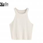 SheIn Ladies Summer Style Vest Top Ladies Casual Tops Plain Round Neck Sleeveless Knitted Fitness Crop Tank Top