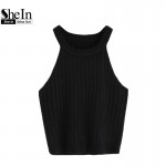 SheIn Ladies Summer Style Vest Top Ladies Casual Tops Plain Round Neck Sleeveless Knitted Fitness Crop Tank Top