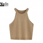 SheIn Ladies Summer Style Vest Top Ladies Casual Tops Plain Round Neck Sleeveless Knitted Fitness Crop Tank Top