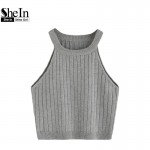 SheIn Ladies Summer Style Vest Top Ladies Casual Tops Plain Round Neck Sleeveless Knitted Fitness Crop Tank Top