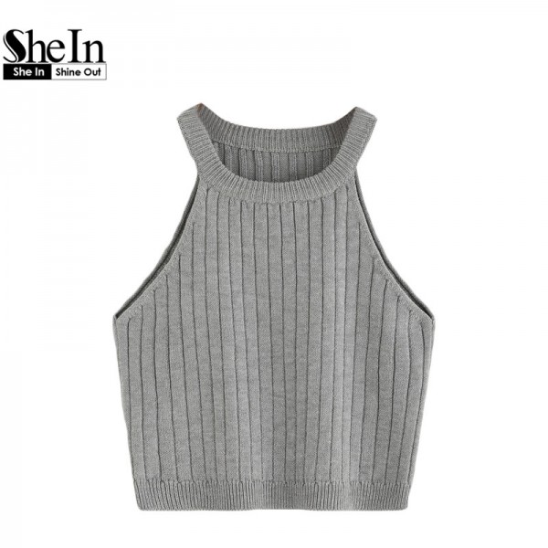 SheIn Ladies Summer Style Vest Top Ladies Casual Tops Plain Round Neck Sleeveless Knitted Fitness Crop Tank Top