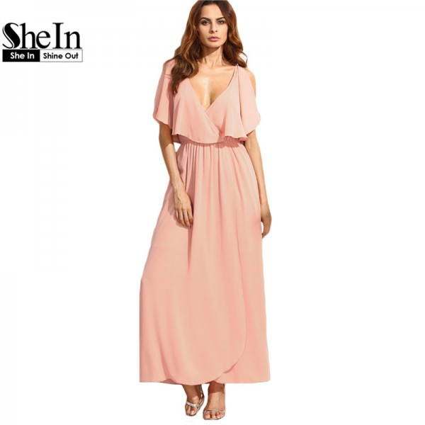 SheIn Long Dresses For Women Summer Style Ladies Plain Pink Spaghetti Strap Deep V Neck Ruffle Sleeveless Maxi Dress