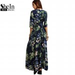 SheIn Long Floral Maxi Dress Boho Long Dress Elegant Beach Navy Floral Print Half Sleeve Button Front A Line Shirt Dress