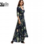 SheIn Long Floral Maxi Dress Boho Long Dress Elegant Beach Navy Floral Print Half Sleeve Button Front A Line Shirt Dress