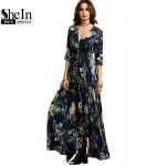 SheIn Long Floral Maxi Dress Boho Long Dress Elegant Beach Navy Floral Print Half Sleeve Button Front A Line Shirt Dress