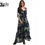 SheIn Long Floral Maxi Dress Boho Long Dress Elegant Beach Navy Floral Print Half Sleeve Button Front A Line Shirt Dress