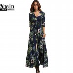 SheIn Long Floral Maxi Dress Boho Long Dress Elegant Beach Navy Floral Print Half Sleeve Button Front A Line Shirt Dress