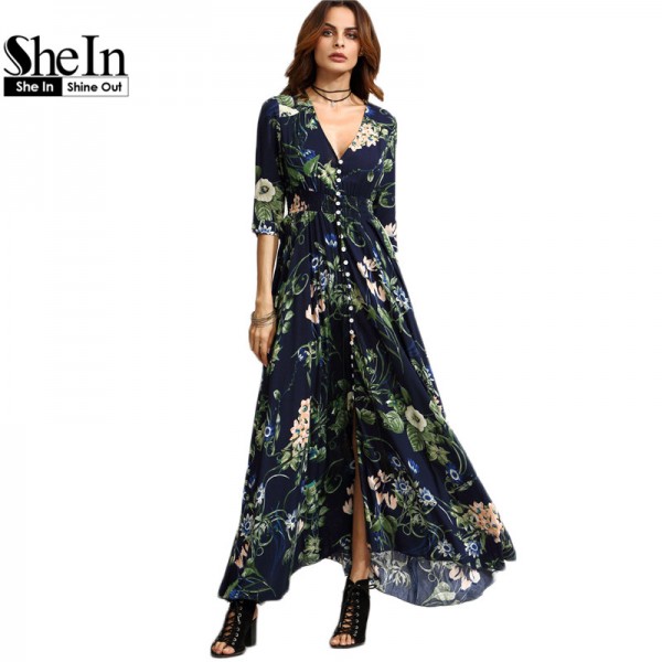 SheIn Long Floral Maxi Dress Boho Long Dress Elegant Beach Navy Floral Print Half Sleeve Button Front A Line Shirt Dress