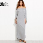 SheIn Long Shift T-shirt Dresses For Ladies Summer Heather Grey Off The Shoulder Tie Long Sleeve Slit Maxi Dress