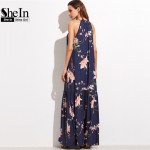 SheIn Maxi Dresses Long Womens Dresses New Arrival 2017 Boho Summer Beach Navy Floral Print Halter Ruffle Sleeveless Maxi Dress