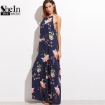 SheIn Maxi Dresses Long Womens Dresses New Arrival 2017 Boho Summer Beach Navy Floral Print Halter Ruffle Sleeveless Maxi Dress