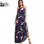 SheIn Maxi Dresses Long Womens Dresses New Arrival 2017 Boho Summer Beach Navy Floral Print Halter Ruffle Sleeveless Maxi Dress