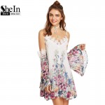 SheIn Multicolor Botanical Print Lace Trim Cold Shoulder Pleated Dress Womens Summer Bohemian Dress Spaghetti Strap Beach Dress