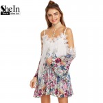 SheIn Multicolor Botanical Print Lace Trim Cold Shoulder Pleated Dress Womens Summer Bohemian Dress Spaghetti Strap Beach Dress