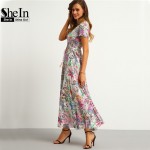 SheIn Multicolor Floral Print Button Split Front Flare Beach Wear Boho Maxi Dress Women Short Sleeve V Neck Long Dress