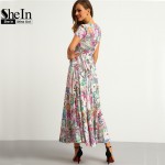 SheIn Multicolor Floral Print Button Split Front Flare Beach Wear Boho Maxi Dress Women Short Sleeve V Neck Long Dress