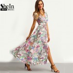 SheIn Multicolor Floral Print Button Split Front Flare Beach Wear Boho Maxi Dress Women Short Sleeve V Neck Long Dress