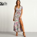 SheIn Multicolor Floral Print Button Split Front Flare Beach Wear Boho Maxi Dress Women Short Sleeve V Neck Long Dress