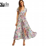 SheIn Multicolor Floral Print Button Split Front Flare Beach Wear Boho Maxi Dress Women Short Sleeve V Neck Long Dress