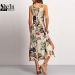 SheIn Multicolor Floral Print Halter Boho Maxi Dresses Women Summer Beach Spaghetti Strap Patterned Backless Split Dress