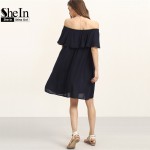 SheIn Navy Off The Shoulder Ruffle Shift Dresses Womens Summer Beach Slash Neck Half Sleeve Pockets Tunic Dress