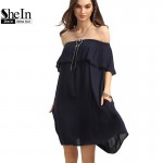 SheIn Navy Off The Shoulder Ruffle Shift Dresses Womens Summer Beach Slash Neck Half Sleeve Pockets Tunic Dress