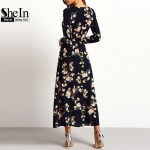 SheIn New Arrival Boho Women Maxi Dresses Navy Round Neck Long Sleeve Womens Fashion With Button Floral Long Party Dress