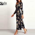 SheIn New Arrival Boho Women Maxi Dresses Navy Round Neck Long Sleeve Womens Fashion With Button Floral Long Party Dress