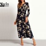 SheIn New Arrival Boho Women Maxi Dresses Navy Round Neck Long Sleeve Womens Fashion With Button Floral Long Party Dress