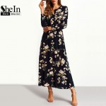 SheIn New Arrival Boho Women Maxi Dresses Navy Round Neck Long Sleeve Womens Fashion With Button Floral Long Party Dress