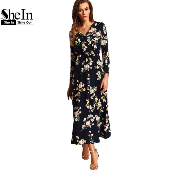 SheIn New Arrival Boho Women Maxi Dresses Navy Round Neck Long Sleeve Womens Fashion With Button Floral Long Party Dress