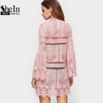 SheIn New Arrival Dress 2017 Boho Dress Women Pink Flare Sleeve Zig Zag Hem Hollow Out Embroidered Lace Sexy Dress