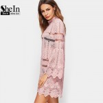 SheIn New Arrival Dress 2017 Boho Dress Women Pink Flare Sleeve Zig Zag Hem Hollow Out Embroidered Lace Sexy Dress