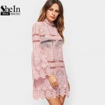 SheIn New Arrival Dress 2017 Boho Dress Women Pink Flare Sleeve Zig Zag Hem Hollow Out Embroidered Lace Sexy Dress