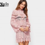 SheIn New Arrival Dress 2017 Boho Dress Women Pink Flare Sleeve Zig Zag Hem Hollow Out Embroidered Lace Sexy Dress