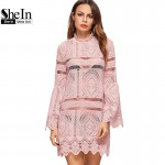 SheIn New Arrival Dress 2017 Boho Dress Women Pink Flare Sleeve Zig Zag Hem Hollow Out Embroidered Lace Sexy Dress