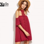 SheIn New Arrival Dress 2017 Clothes Women Burgundy Embroidered Lace Applique Halter Neck Half Sleeve Beach Dress