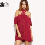 SheIn New Arrival Dress 2017 Clothes Women Burgundy Embroidered Lace Applique Halter Neck Half Sleeve Beach Dress